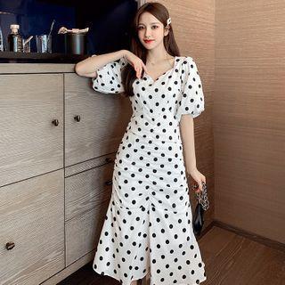 Dotted Puff-sleeve Ruffle Hem Midi A-line Dress