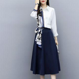 Set: 3/4-sleeve Print Panel Shirt + Midi A-line Skirt