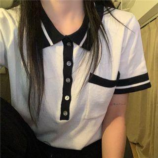 Contrast Collar Knit Polo Shirt White - One Size