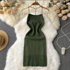 Suspender Open-back Plain Knit Dress Green - One Size