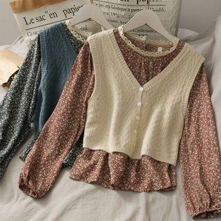 Set: Lace-trim Floral Loose Top + Button-down Knit Vest