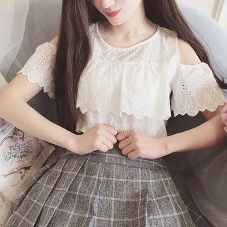 Eyelet Lace Cold Shoulder Short-sleeve Top