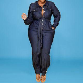 Long-sleeve Denim Straight-leg Jumpsuit