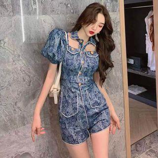 Puff-sleeve Floral Romper