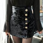 Button-front Velvet Mini Skirt