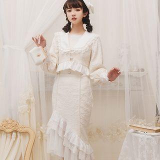 Set: Long-sleeve Sailor Collar Frill Trim Crop Top + Irregular Midi Mermaid Skirt