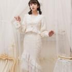 Set: Long-sleeve Sailor Collar Frill Trim Crop Top + Irregular Midi Mermaid Skirt