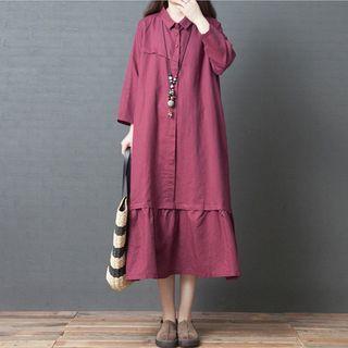 Ruffle Hem Long-sleeve Midi Shirtdress