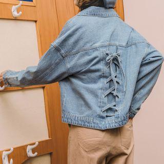 Lace-up Detail Embroidered Denim Jacket