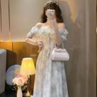 Puff-sleeve Square Neck Ruffle Trim Floral Midi A-line Dress