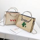 Embroidered Chain Strap Straw Bag