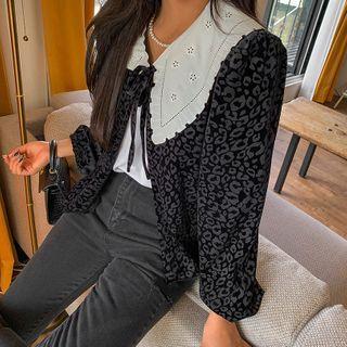 Contrast-collar Beribboned Leopard Velvet Blouse