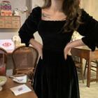 Long-sleeve Velvet Smocked Mini A-line Dress Black - One Size