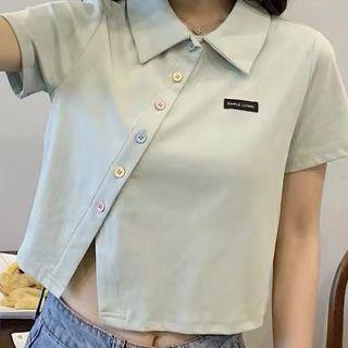 Short-sleeve Button-up Collared Cropped T-shirt