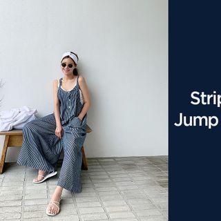 Wide-leg Striped Overall Pants Navy Blue - One Size