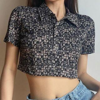 Short-sleeve Plaid Collared Cropped T-shirt
