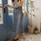 Slit-front Washed Denim Long Skirt