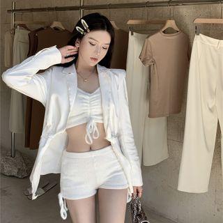 Plain Loose-fit Blazer / V-neck Sleeveless Top / High Waist Plain Shorts