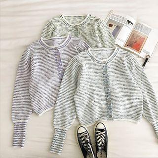 Striped Single-breasted Crewneck Puff-sleeve Sweater