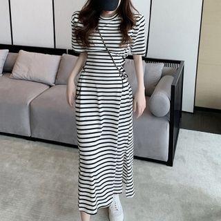 Striped Slit Midi A-line Dress Stripe - Black & White - One Size