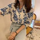 Elbow-sleeve Floral Print Shirt Blue Floral - Beige - One Size