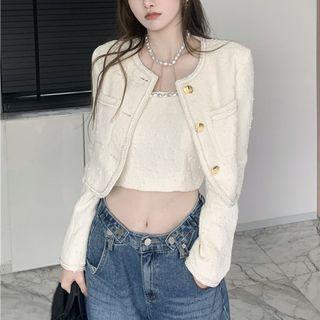 Pearl-accent Tweed Tube Top / Round-neck Button-up Tweed Crop Jacket