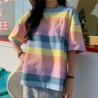 Striped Rainbow Print Letter Embroidered Elbow-sleeve T-shirt