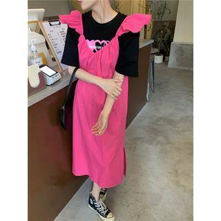 Elbow-sleeve Print T-shirt / Slit Midi A-line Overall Dress