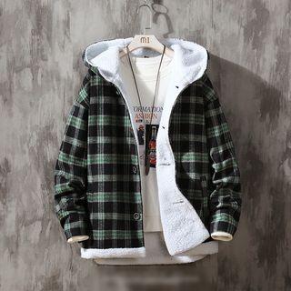 Fleece-lined Plaid Buttoned Hooded Jacket