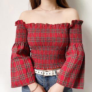 Plaid Off-shoulder Long-sleeve Ruched Top