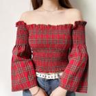 Plaid Off-shoulder Long-sleeve Ruched Top