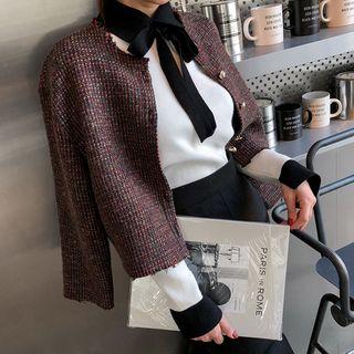 Contrast-collar Tie-neck Knit Top