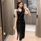 Puff-sleeve Double-breasted Midi Dress
