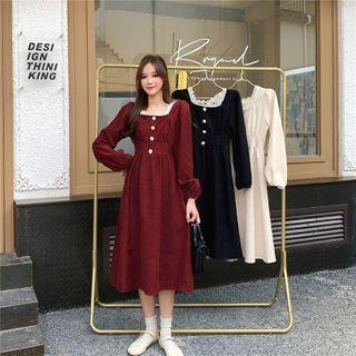 Long-sleeve Beaded Square-neck Midi Dress