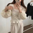 Ruffled Puff-sleeve Blouse Beige - One Size