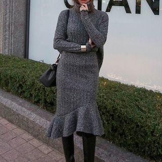 Set: Turtleneck Sweater + Ruffled Skirt Gray - One Size