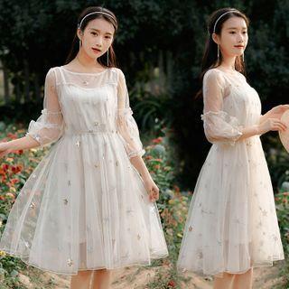 Balloon-sleeve Star Sequined A-line Mesh Dress