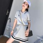 Set: Short-sleeve Knit Polo Shirt + Mini Pleated Skirt