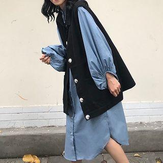 Plain Puff-sleeve Midi Shirtdress / Oversize Button Vest