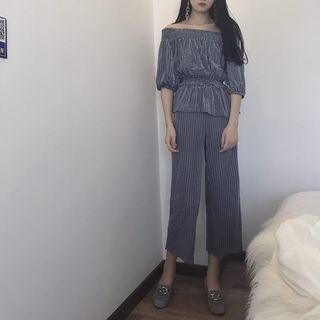 Set: Striped Off-shoulder Elbow-sleeve Top + Wide Leg Pants