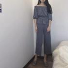 Set: Striped Off-shoulder Elbow-sleeve Top + Wide Leg Pants