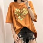 Elbow-sleeve Heart Print T-shirt Tangerine Red - One Size