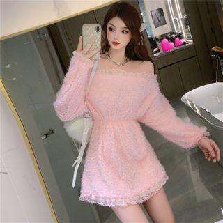 Long-sleeve Off-shoulder Lace Trim Fleece Mini Dress