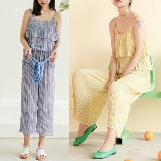 Set : Spaghetti Strap Top + Wide-leg Cropped Pants