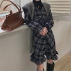 Long-sleeve Plaid Dress / Knit Shawl