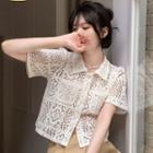 Short-sleeve Collar Button-up Lace Blouse Off-white - One Size
