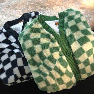 Checkered Button-up Fleece Cardigan