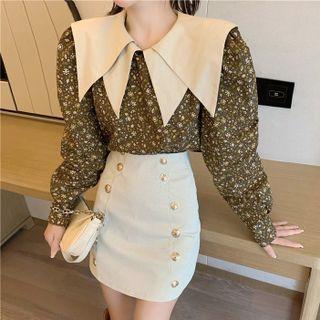 Contrast Trim Floral Long-sleeve Shirt / High-waist Double-breasted Mini Skirt