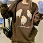 Sheep Embroidered Sweatshirt Sheep Embroidery - Brown - One Size