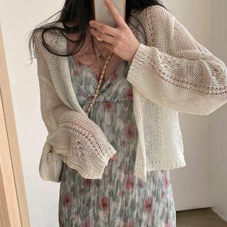 Plain Cut Out Long Sleeve Crop Cardigan Off-white - One Size